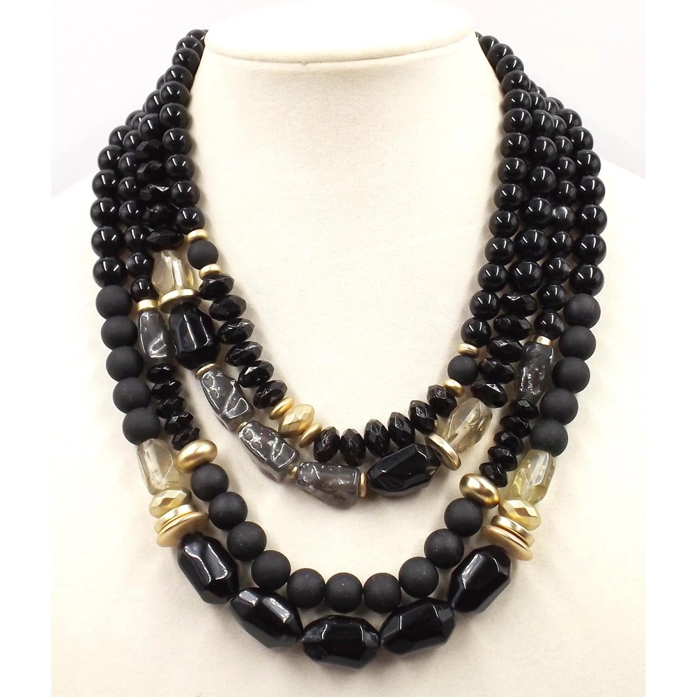 Chicos Black Gold Multi Strand Beaded Statement Necklace Mixed Media Bib